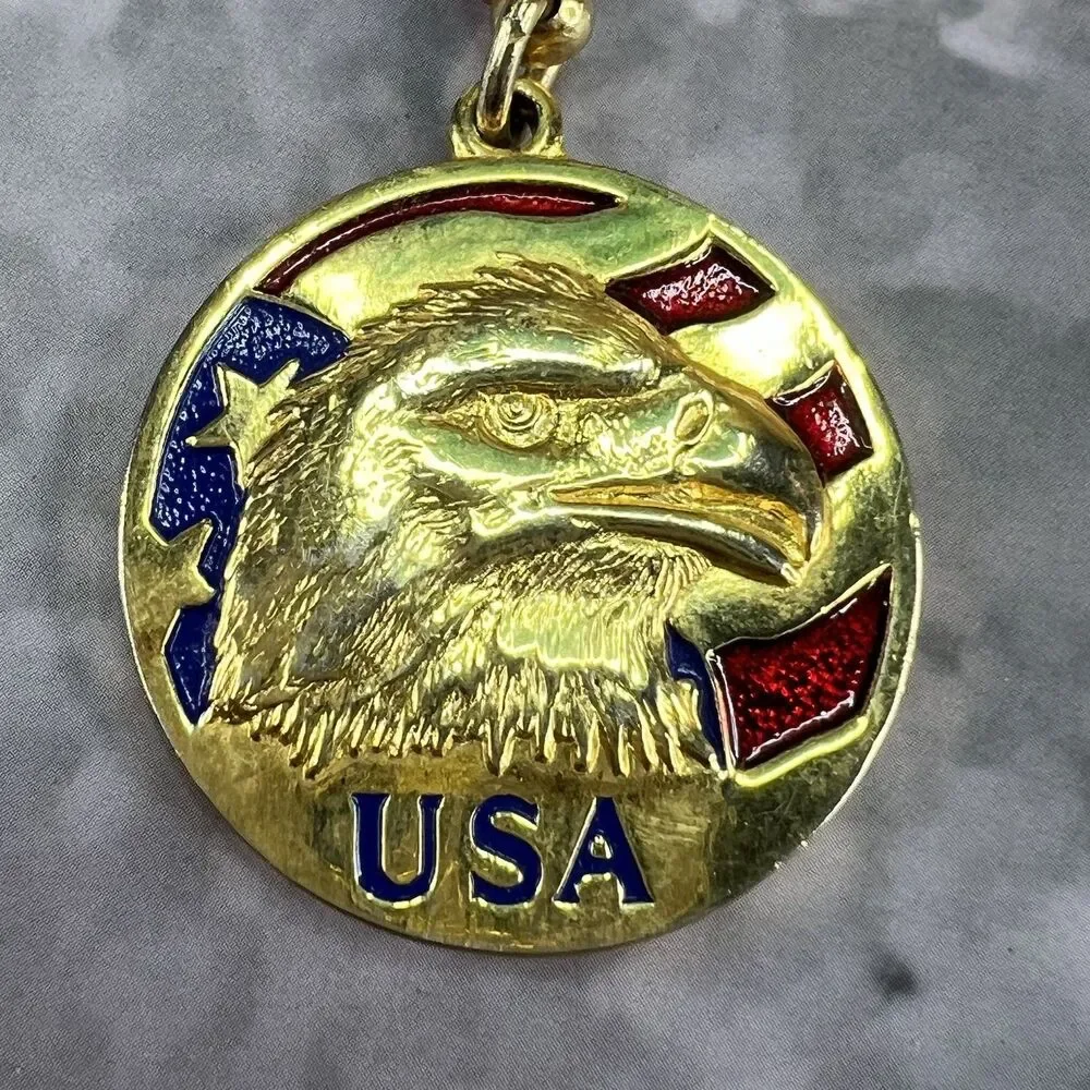 Vintage USA Eagle Keychain American Flag Patriotic Enamel Gold Tone Keyring 1.25